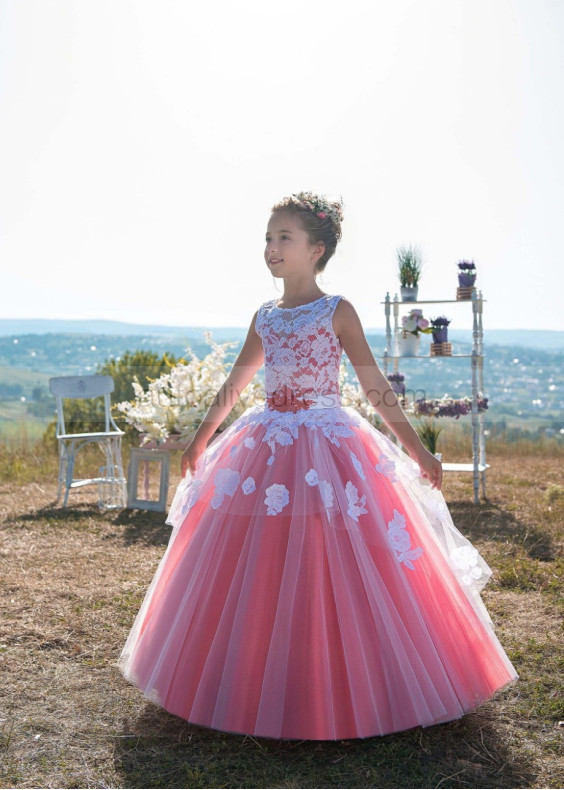 Lace Tulle Keyhole Back Long Peplum Flower Girl Dress